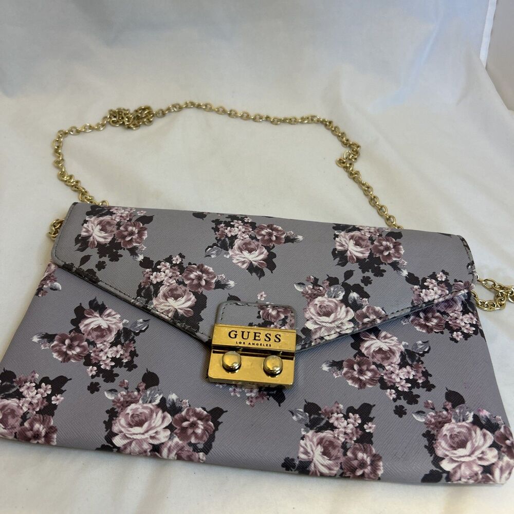#8604 GUESS FLORAL LILAC CLUTCH PURSE CHAIN OVER SHOULDER